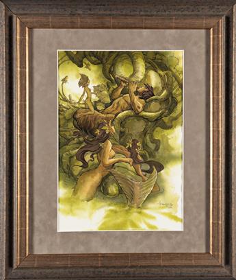 HANNIBAL IBARRA (20th C) Fantasy Illustration with mermaids, sprite, and satyr.  [FILIPINO ARTIST]
